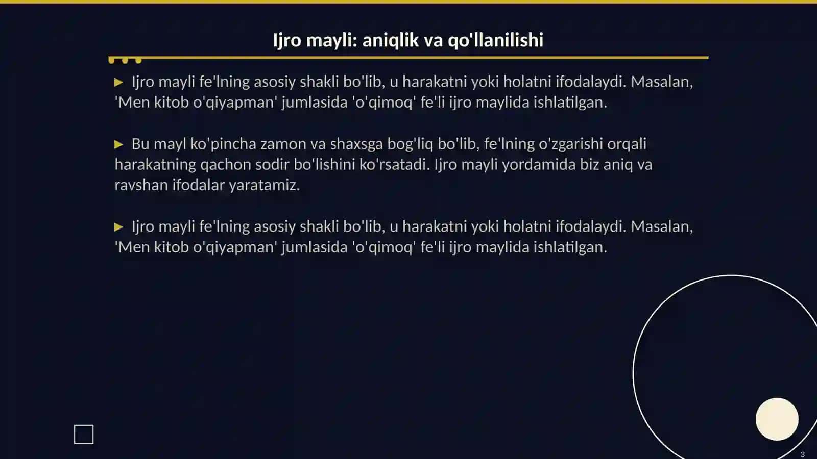 Fe'l mayillari (ijro mayli,shart mayli va buyruq istak mayli ) ularning oʻziga xos xususiyatlari. Toʻliqsiz fe'l 3