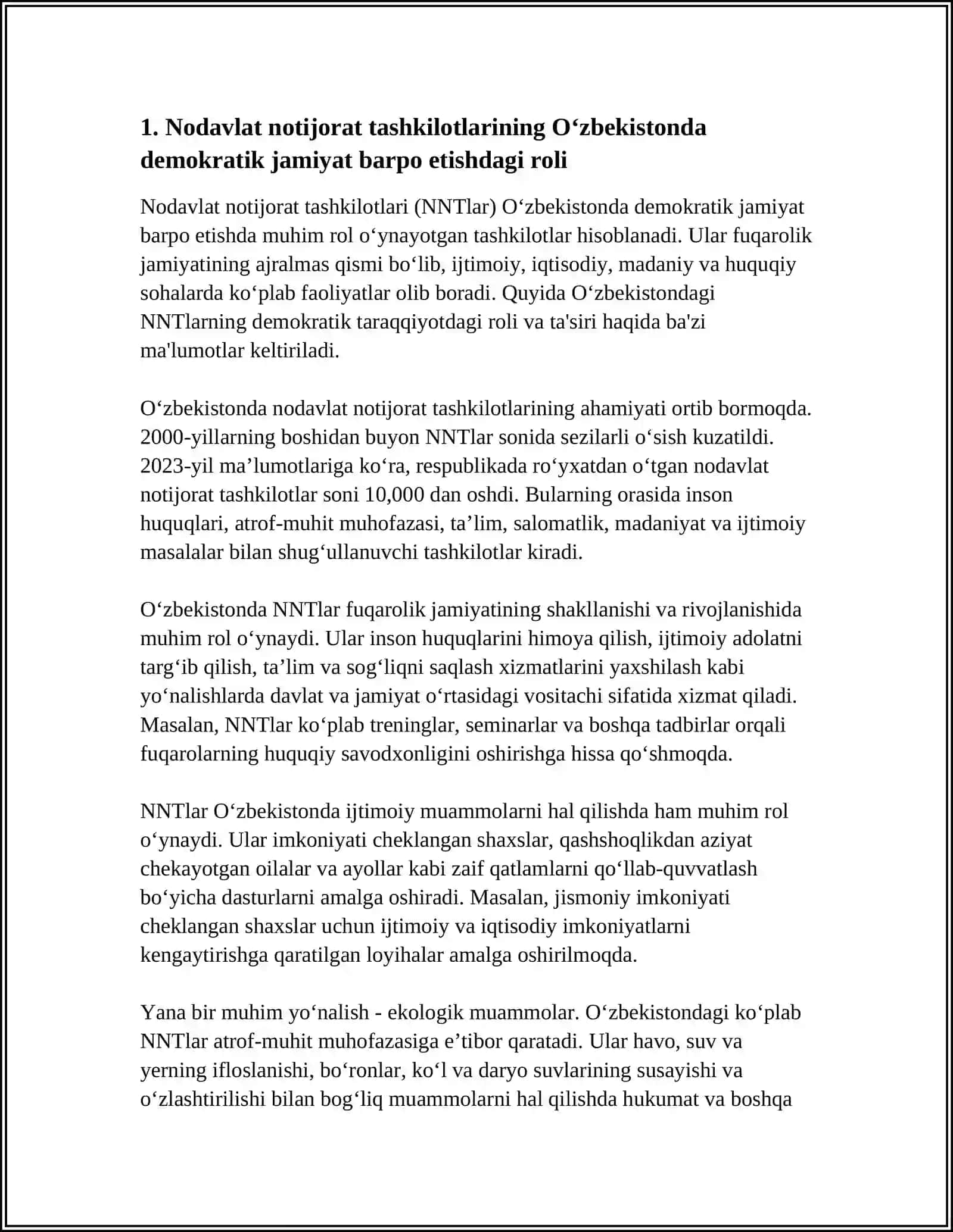 NODAVLAT VA JAMOAT TASHKILOTLARINIG OʻZBEKISTONDA DEMAKRATIK JAMIYAT BARPO ETISHIDAGI OʻRNI VA AHMIYATI 3