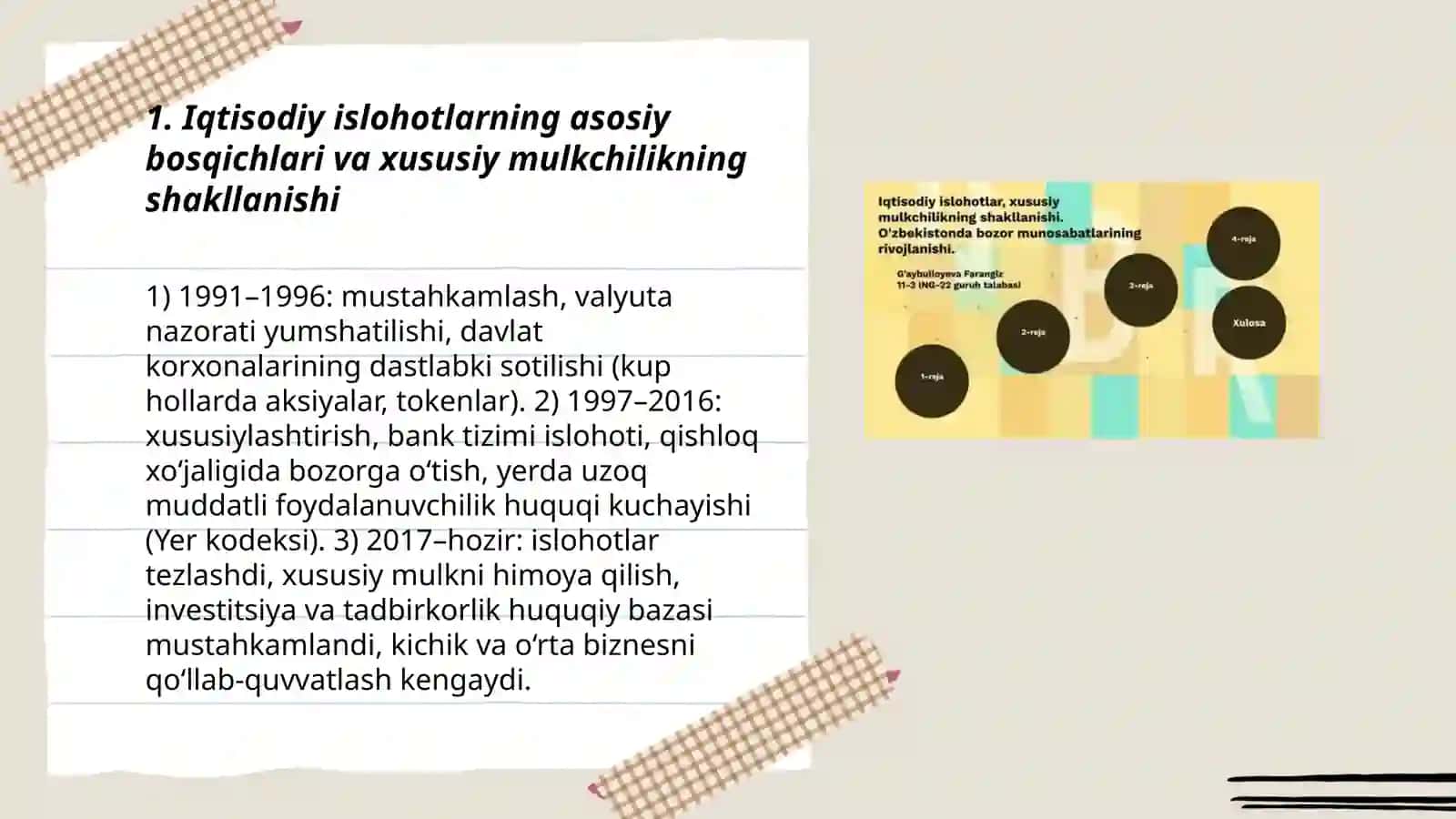Iqtisodiy islohotlar xususiy mulkchilikning shakllanishi Oʻzbekistonda bozor munosabatlarining shaklanishi 3