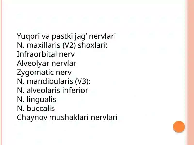Yuzning yon sohasi klinik anatomiyasi: quloq oldi chaynov sohasi, jag’ orti chuqurchasi, quloq oldi so’lak bezi, yuz nervi va chakka-pastki jag’ bo’g’imining topografiyasi. Yiringli parotitlarni va yuzning yuza flegmonalarini ochish hamda drenajlashni klinik-anatomik asoslari. 3