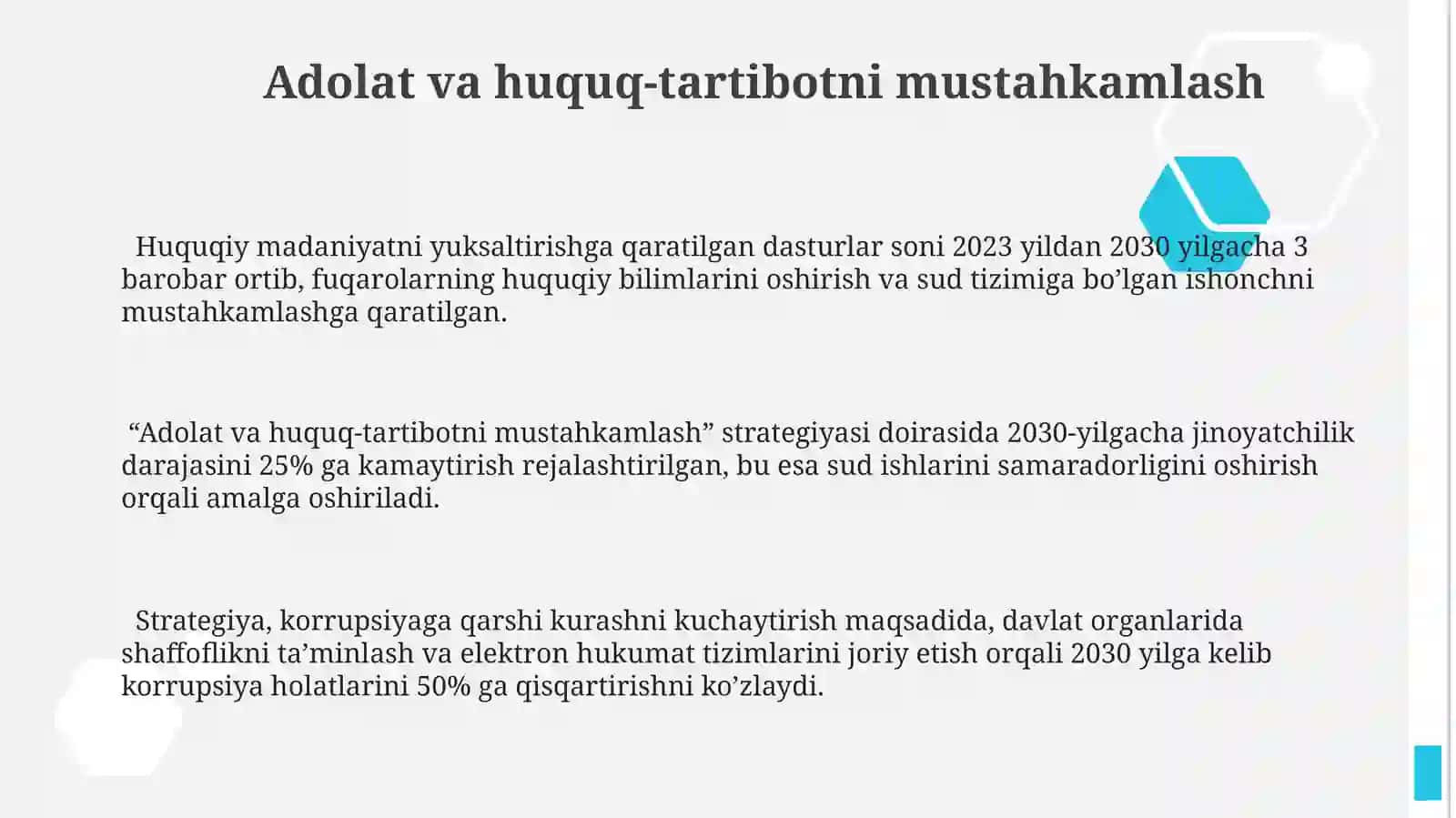"Adolat va huquq-tartibotni mustahkamlash" strategiyasi 3