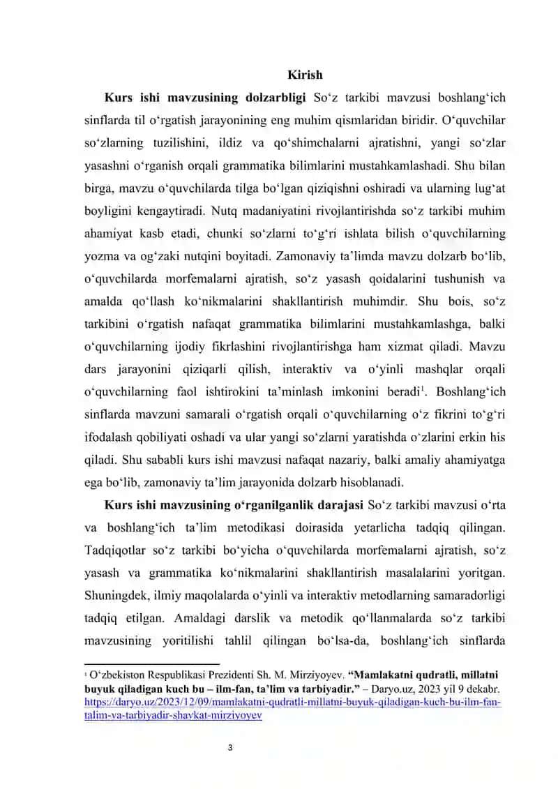 Boshlang‘ich sinflarda so‘z tarkibi mavzusini o‘rgatish metodikasi kurs ishi 3