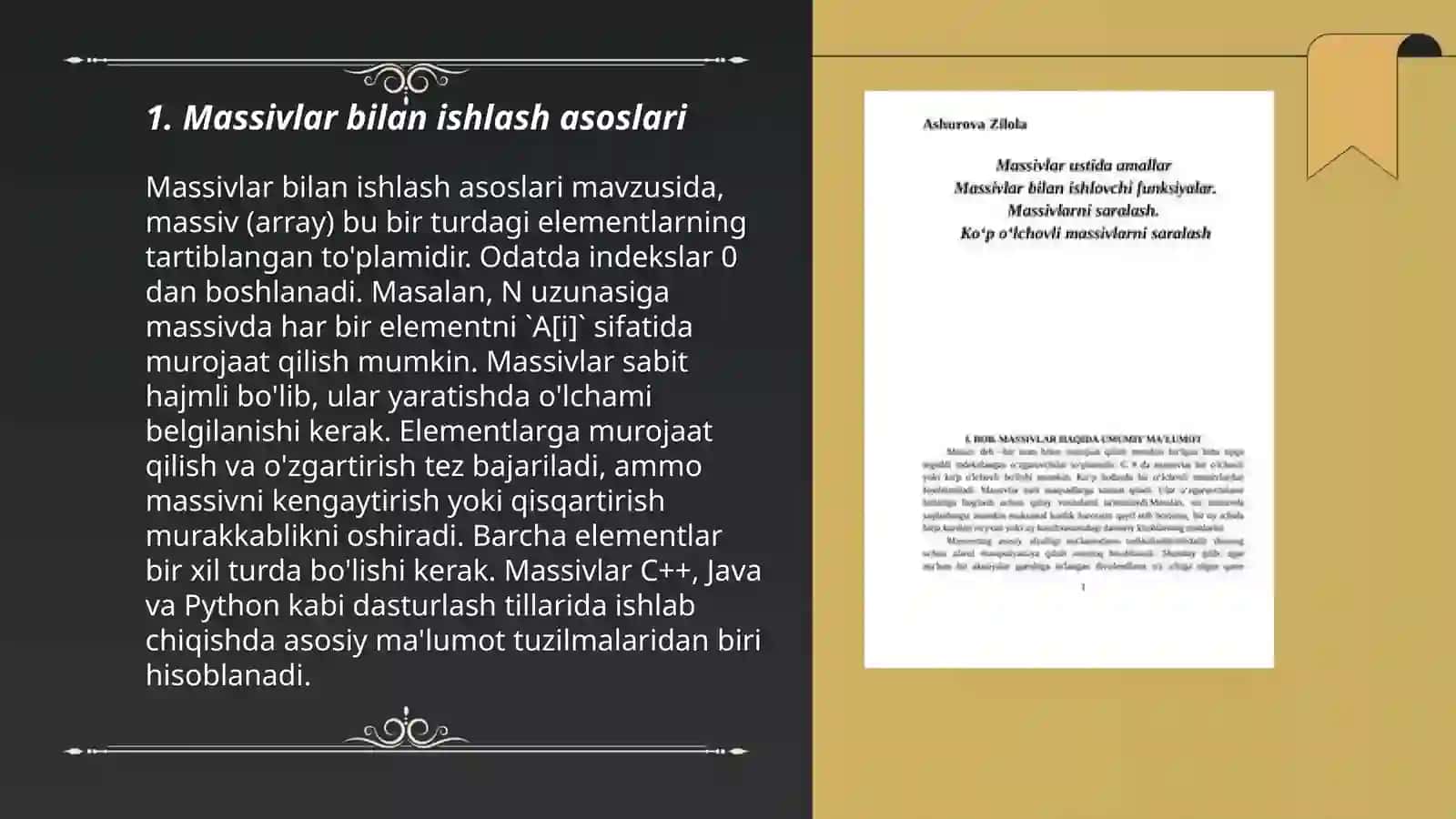 Massivlarni tashkil etish. Matrisalarni tashkil etish. Vektorlarni tashkil etish. Ichma-ich joylashgan siklik jarayonlarni tashkil etish. Bir oʻlchovli massivlarni funksiya parametrlari sifatida qoʻllanilishi. Matrisalarni funksiya 3