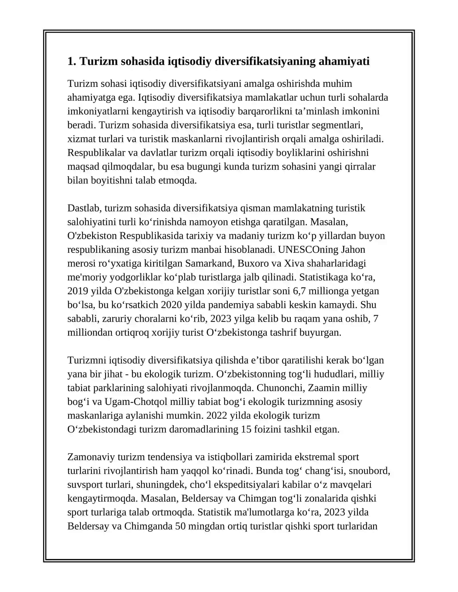 O'ZBEKISTONDA IQTISODIYOT TARKIBINI TUBDAN O'ZGARTIRISH, UNI DIVERSIFIKATSIYALASH VA MODERNIZATSIYA QILISH SHAROITLARIDA TURIZM RIVOJLANISHINING O'ZIGA XOS XUSUSIYATLARI 3