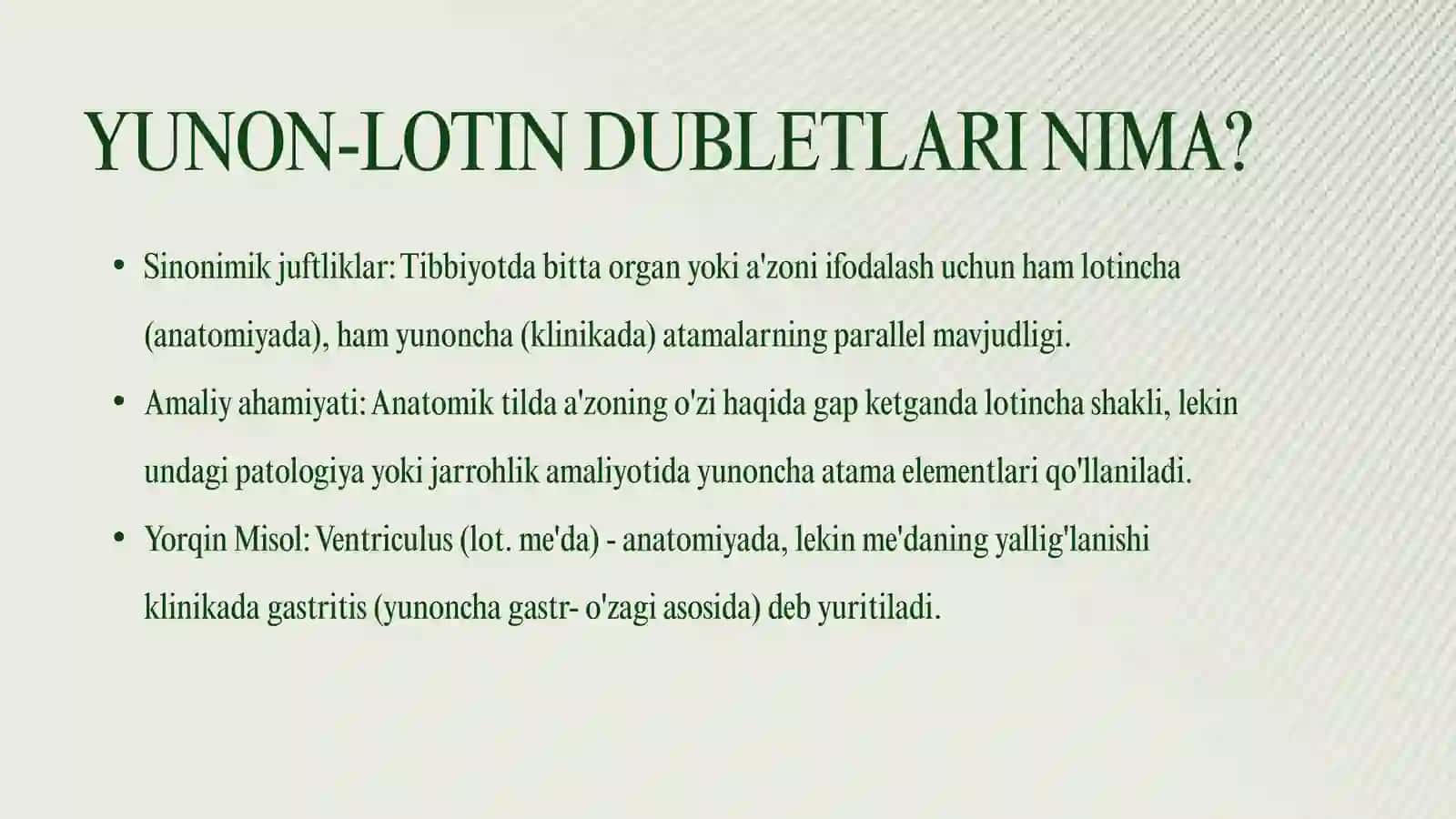 KLINIK TERMINLAR YASOVCHI ATAMA ELEMENTLAR.A'ZO VA BOSH QISMLARNI IFODALOVCHI YUNON- LOTIN DUBLETLARI. ILMNI, FANNI,DIAGNOSTIK USULLARNI, DAVOLASHNI, IZTIROBNI, KASALLIKLARNI IFODALOVCHI YUNON ATAMA ELEMENTLARI 3