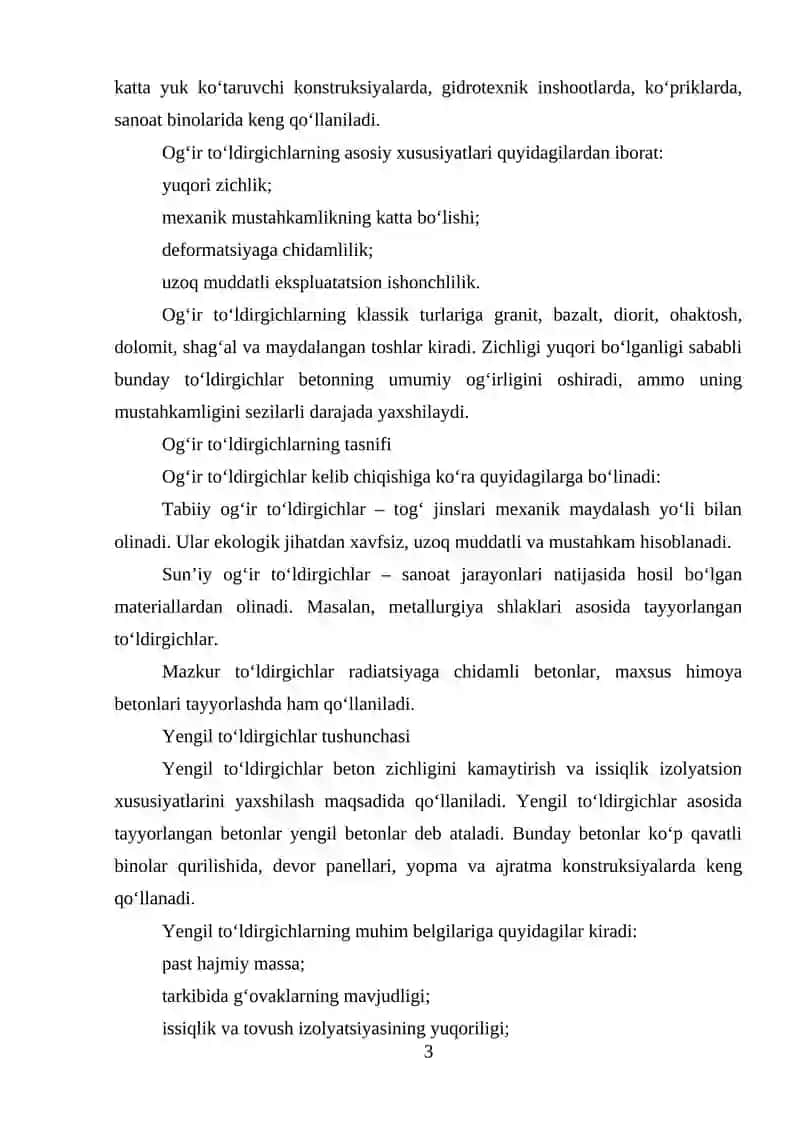 BETON UCHUN OG‘IR, YENGIL VA O‘TA YENGIL TO‘LDIRGICHLARNI IKKILAMCHI RESURSLARDAN OLISH 3