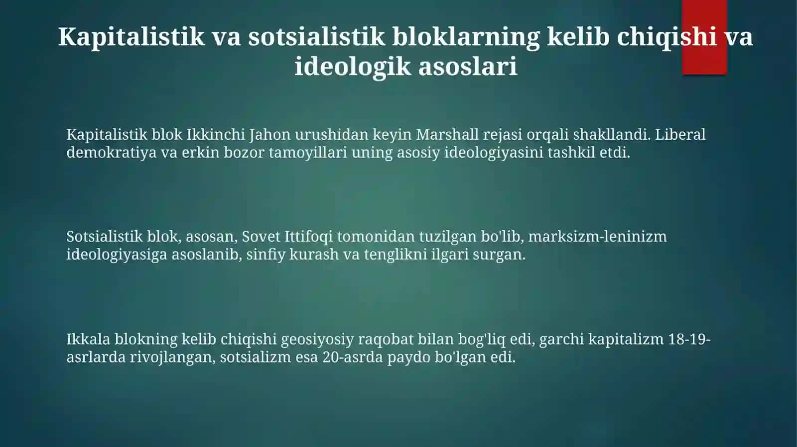 Kapitalistik va sotsialistik bloklardagi qarama-qarshiliklar yangi davrdagi muammolar 3