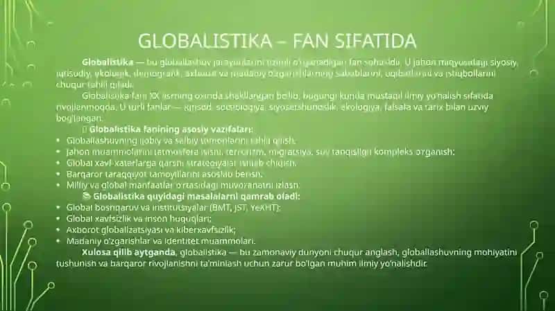 Globallashuv globalistika barqaror taraqqiyot jarayonlarining mohiyati 3