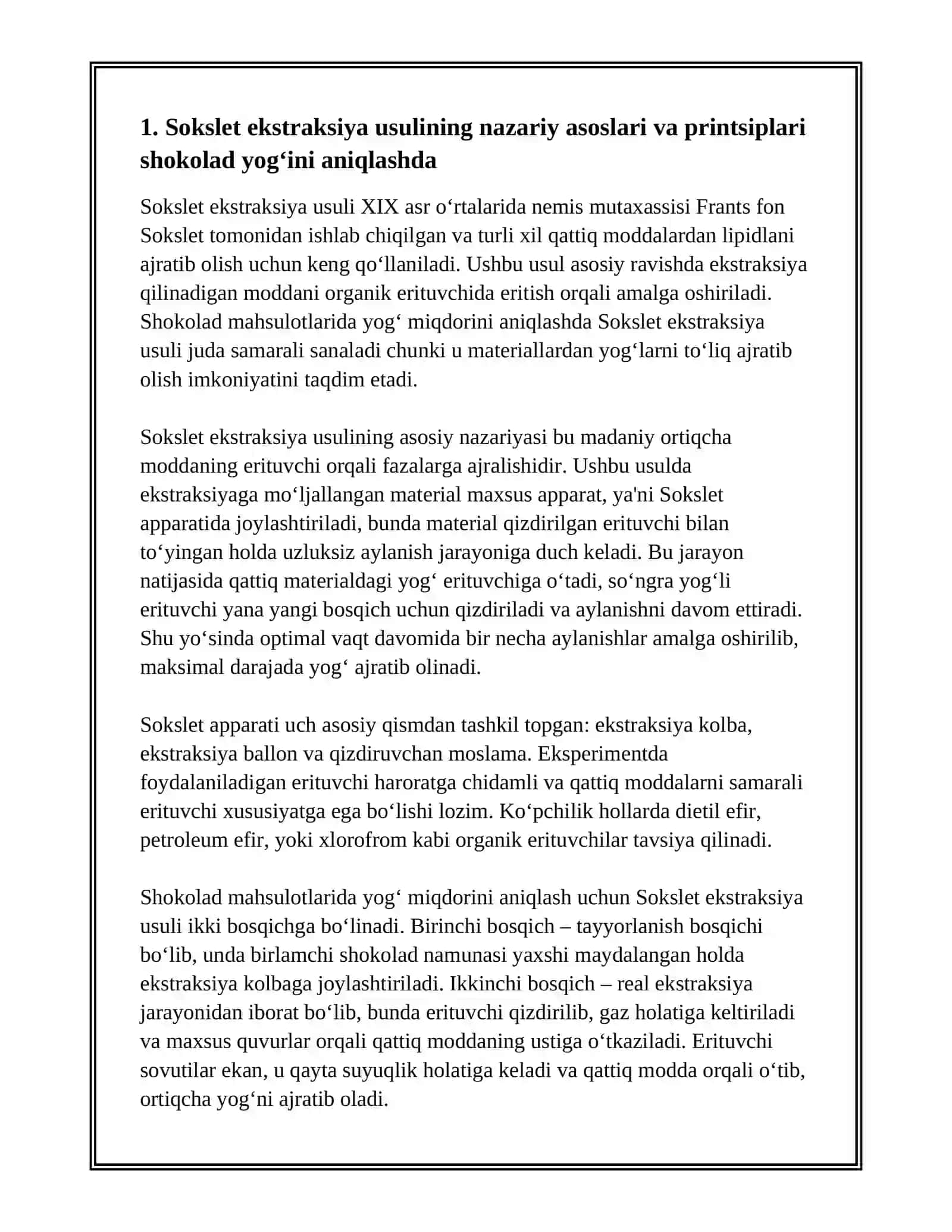 SHOKOLAD MAHSULOTLARIDA YOG' MIQDORINI ANIQLASH - SOKSLET EKSTRAKSIYA USULI 3