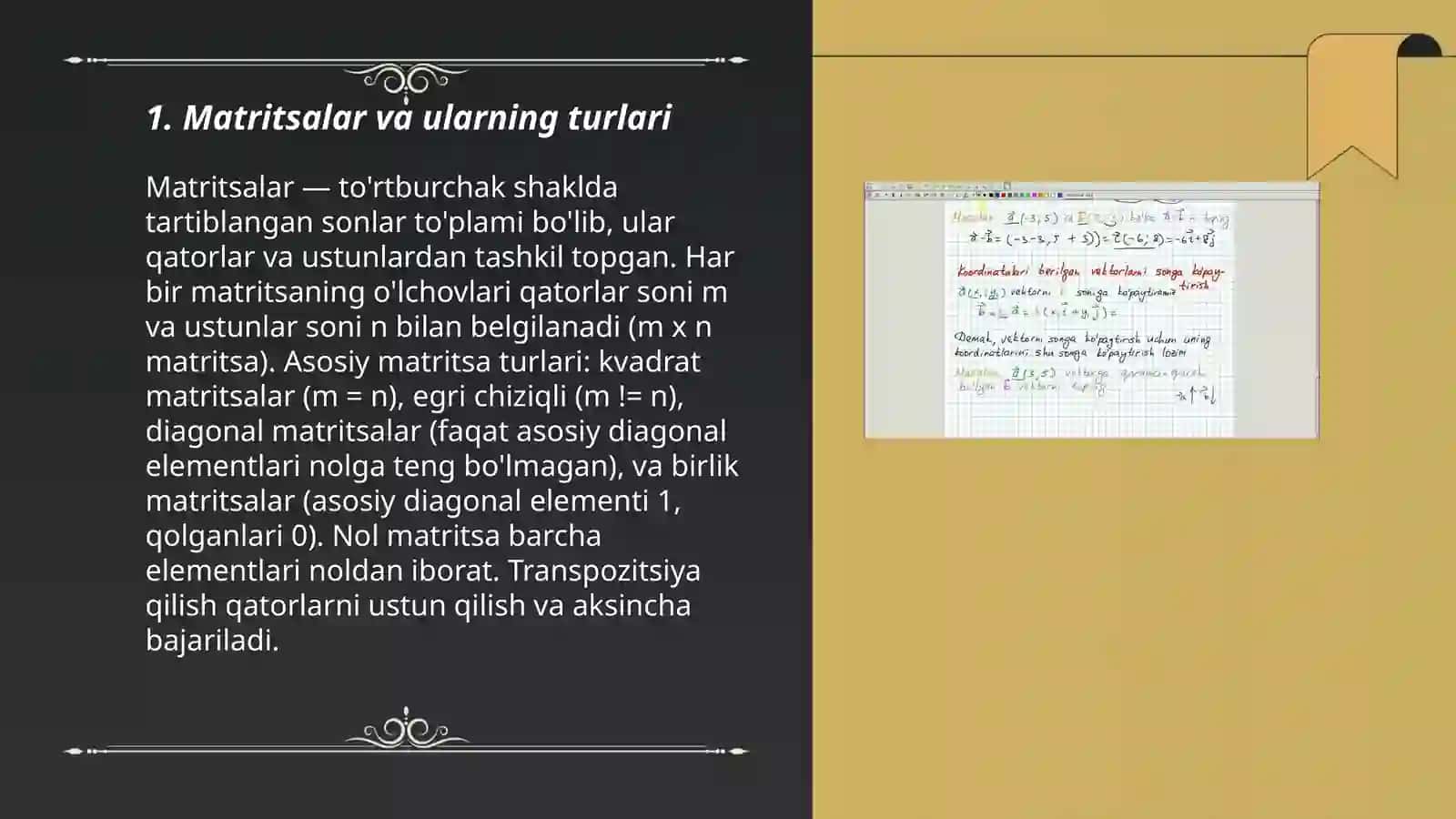 Matritsalar matritsa ustida amallar.Matritsalar ustida amallarning xossalari. n-tartibli determinantlar, xossalari va ularni hisoblash 3