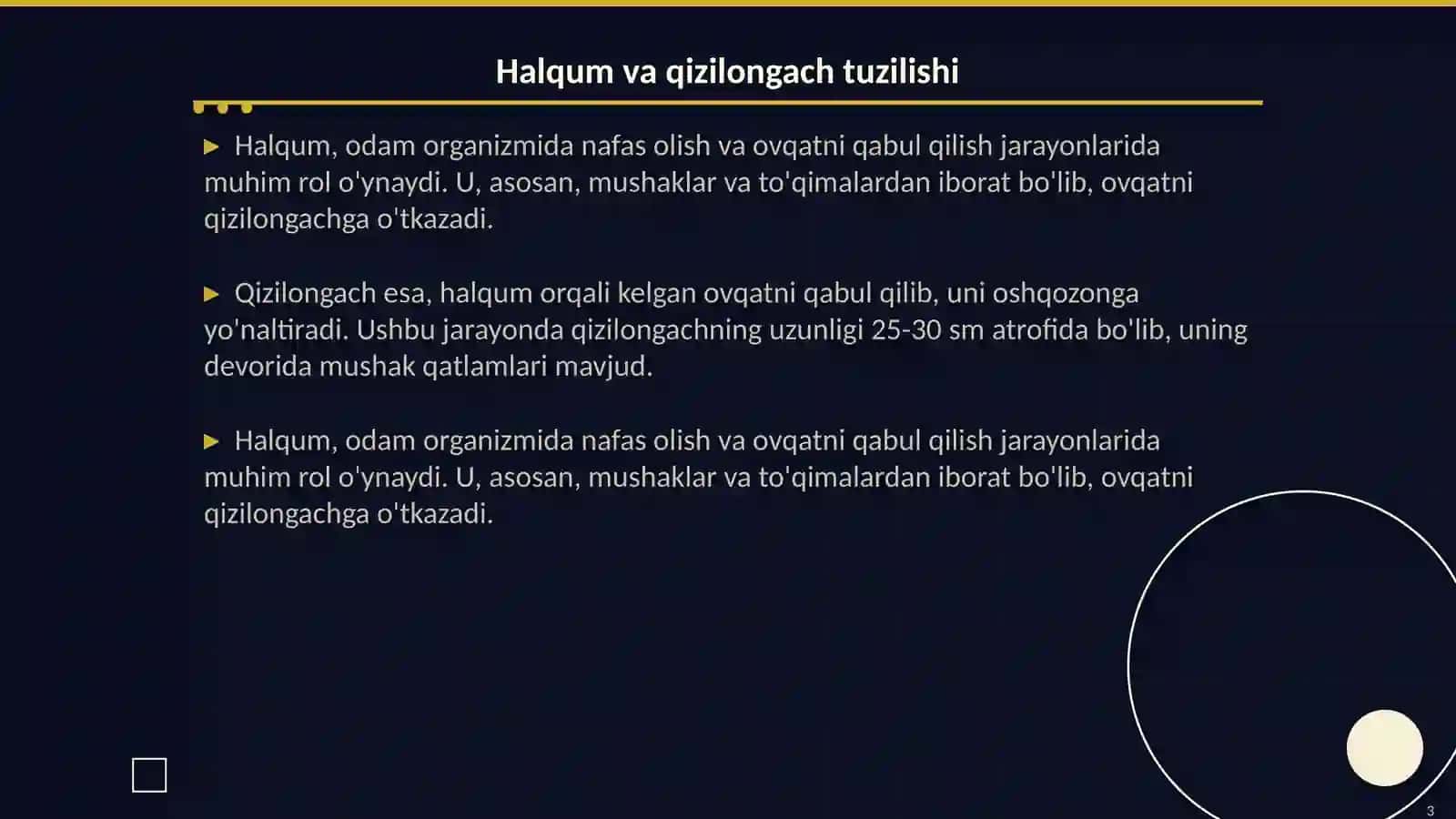 Halqum. Qizilongach. Qorin boshligi topografiyasi. Meda, ingichka,yogon ichak tuzilishi topografiyasi. Jigar. Meda ostibezi. Taloq tuzilishi. Arteriya, vena va kapilyarlarning tuzilishi. Qon aylanish doiralari qon tomirlari Erkaklar va ayollar tanosil azolari. Tuzilish topografiyasi va axamiyati 3