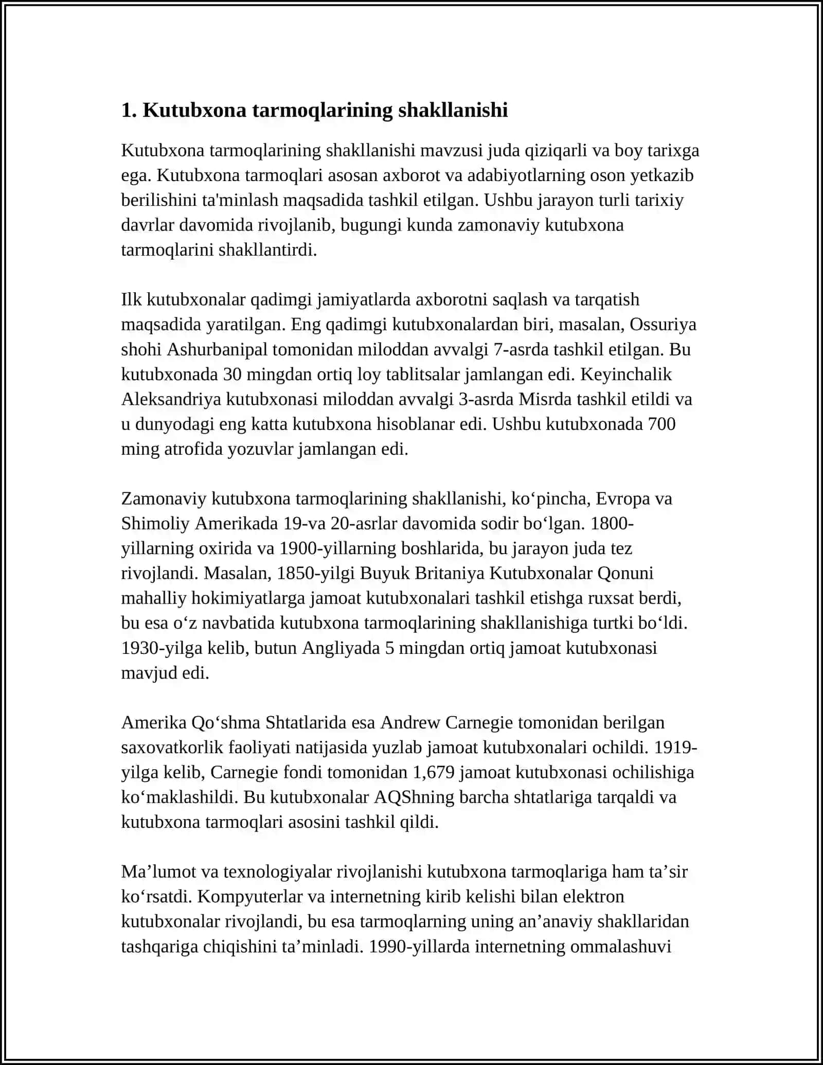 MUSTAQIL ISH Mavzu: RESPUBLIKA KUTUBXONA TARMOQLARI VA TIZIMLARI 3