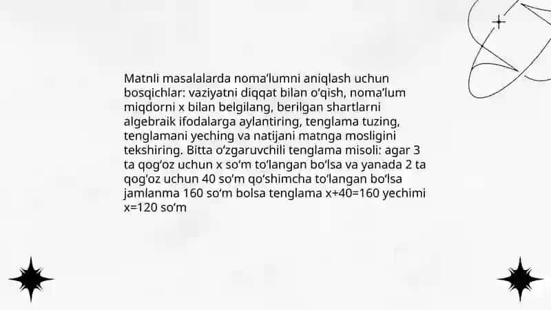 Bir oʻzgaruvchili tenglamalar bilan yechiladigan murakkab masalalarni yechishga oʻrgatish 3