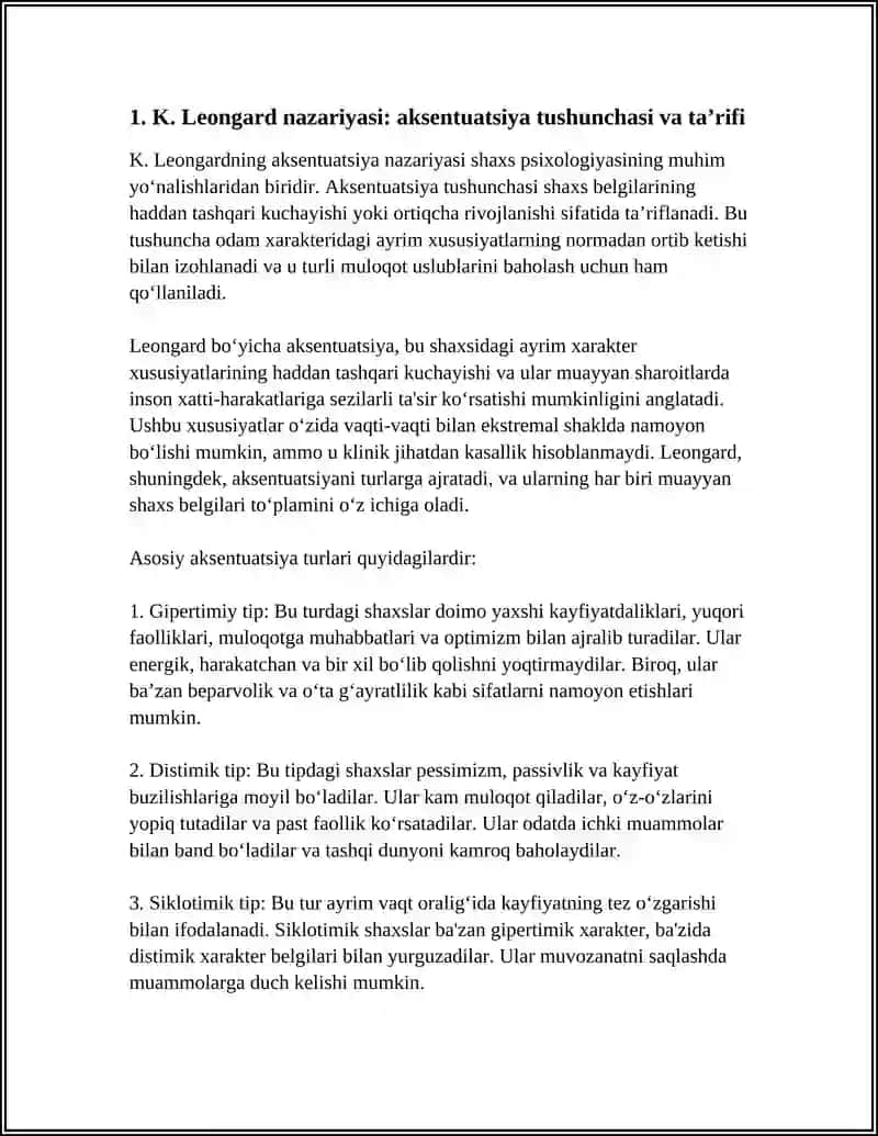 XARAKTER AKSENTUATSIYASI. MULOQOT USLUBLARINI BAHOLASHDA AKSENTUATSIYA-NING MA’LUM TIPLARI (K. LEONGARD BO‘YICHA) 3