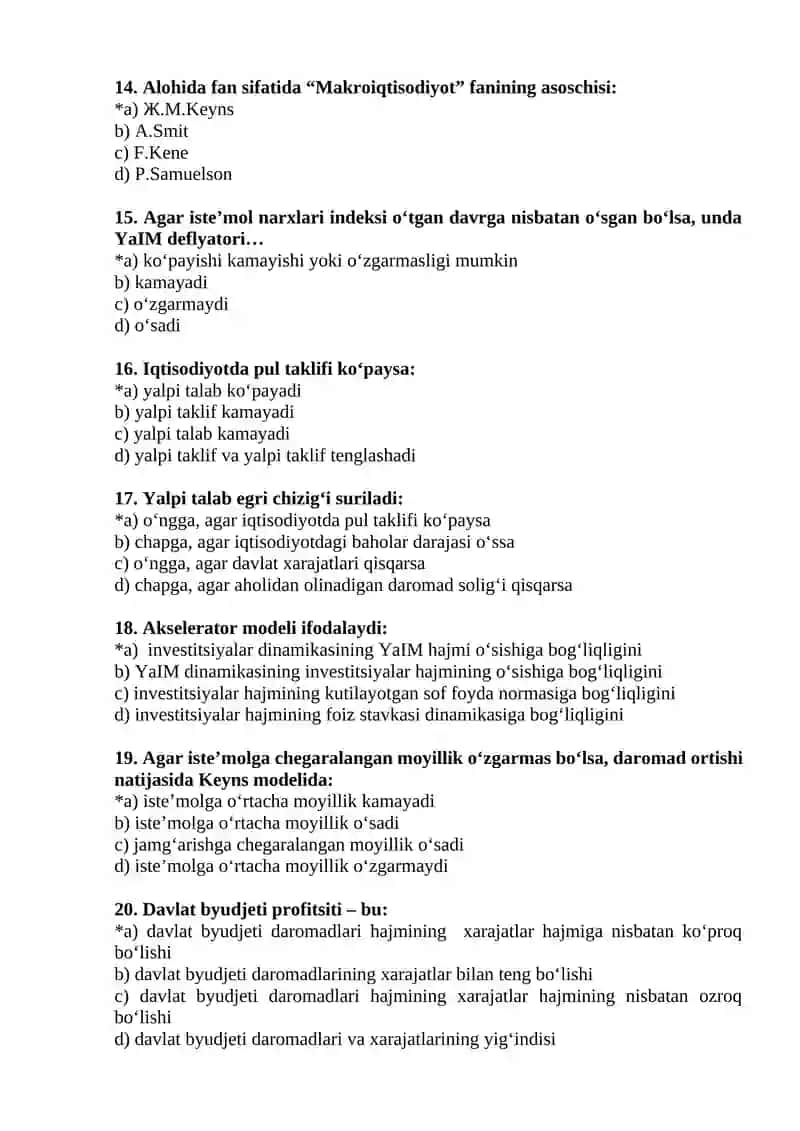 Dinamik makroiqtisodiyot fanidan yakuniy nazorat uchun test savollari 3