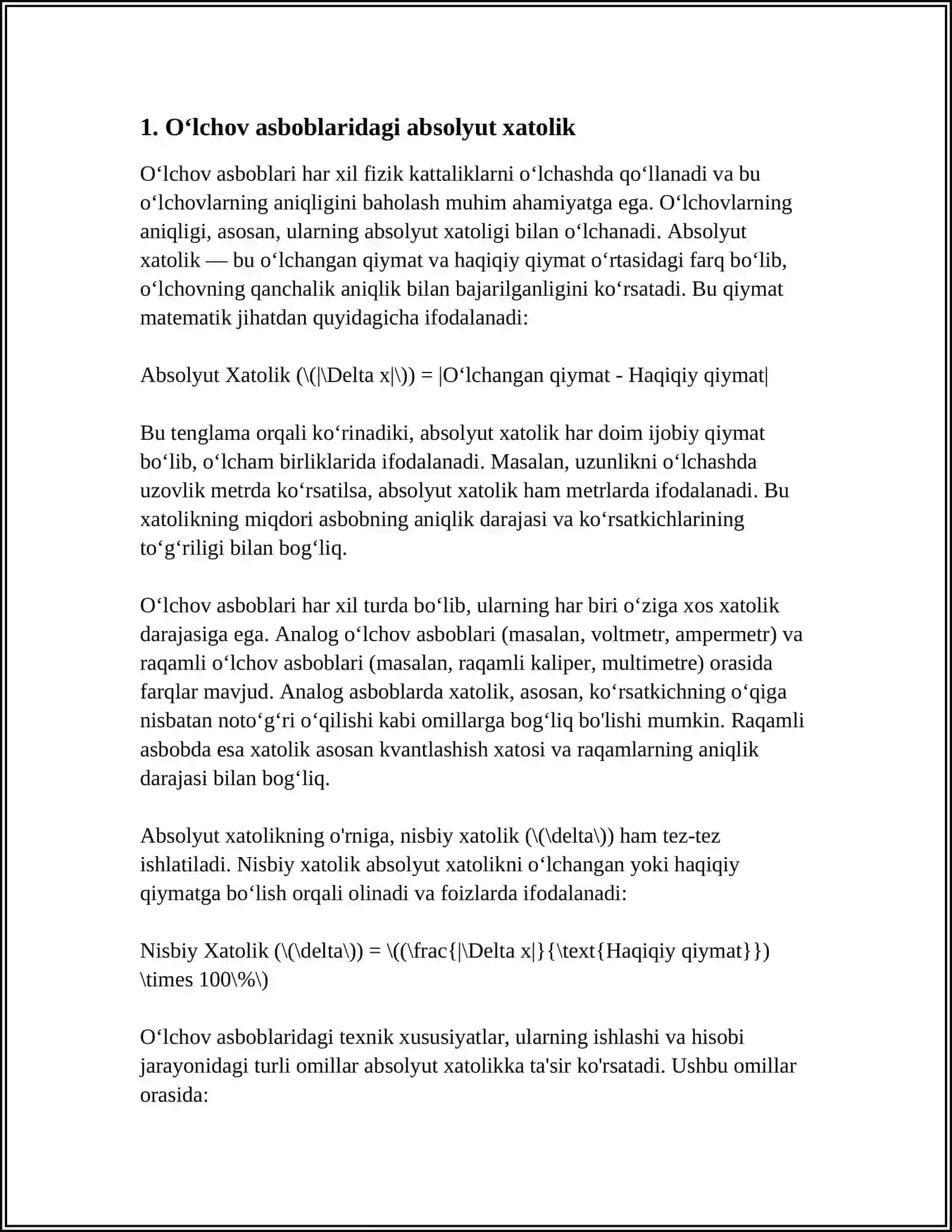 ABSOLYUT VA NISBIY XATOLIKLAR HAR XIL OʻLCHOV ASBOBLARIDA OʻLCHASH 3