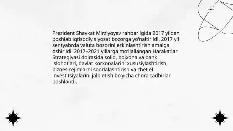 YANGI OʻZBEKISTONDA PREZIDENT SHAVKAT MIRZIYOYEV RAHNAMOLIGI VA TASHABBUSI BILAN AMALGA OSHIRILGAN ISLOHOTLAR 3