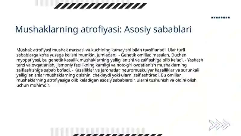 Skelet mushaklar kasalliklari:atrofiyasi, yallig’lanishi, miopatiyalar. Periferik nerv o’smalari. 3