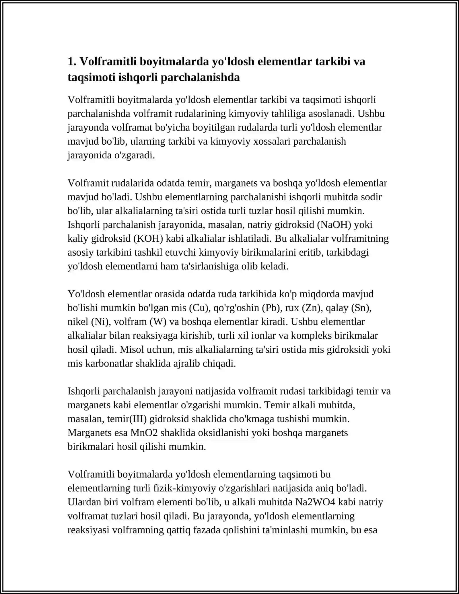 VOLFRAMITLI BOYITMALARNI ISHQORLAR BILAN PARCHALASH JARAYONIDA YO'LDOSH ELEMENTLARNING HOLATI 3