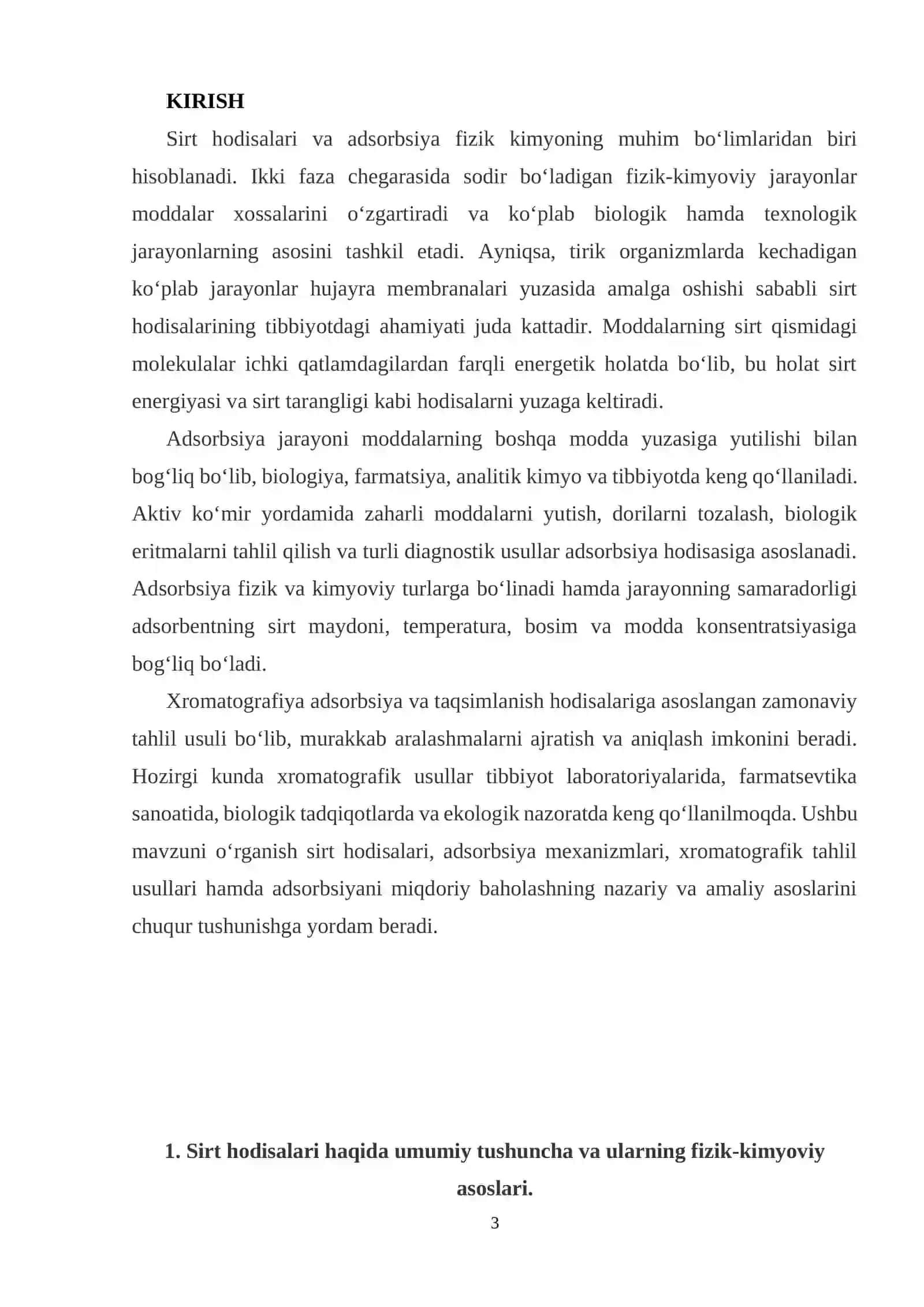 Sirt hodisalari va adsorbsiya. Xromatografiya. Adsorbsiyadan sifat reaksiyalari. Adsorbsiyani miqdoriy jihatdan baholash 3
