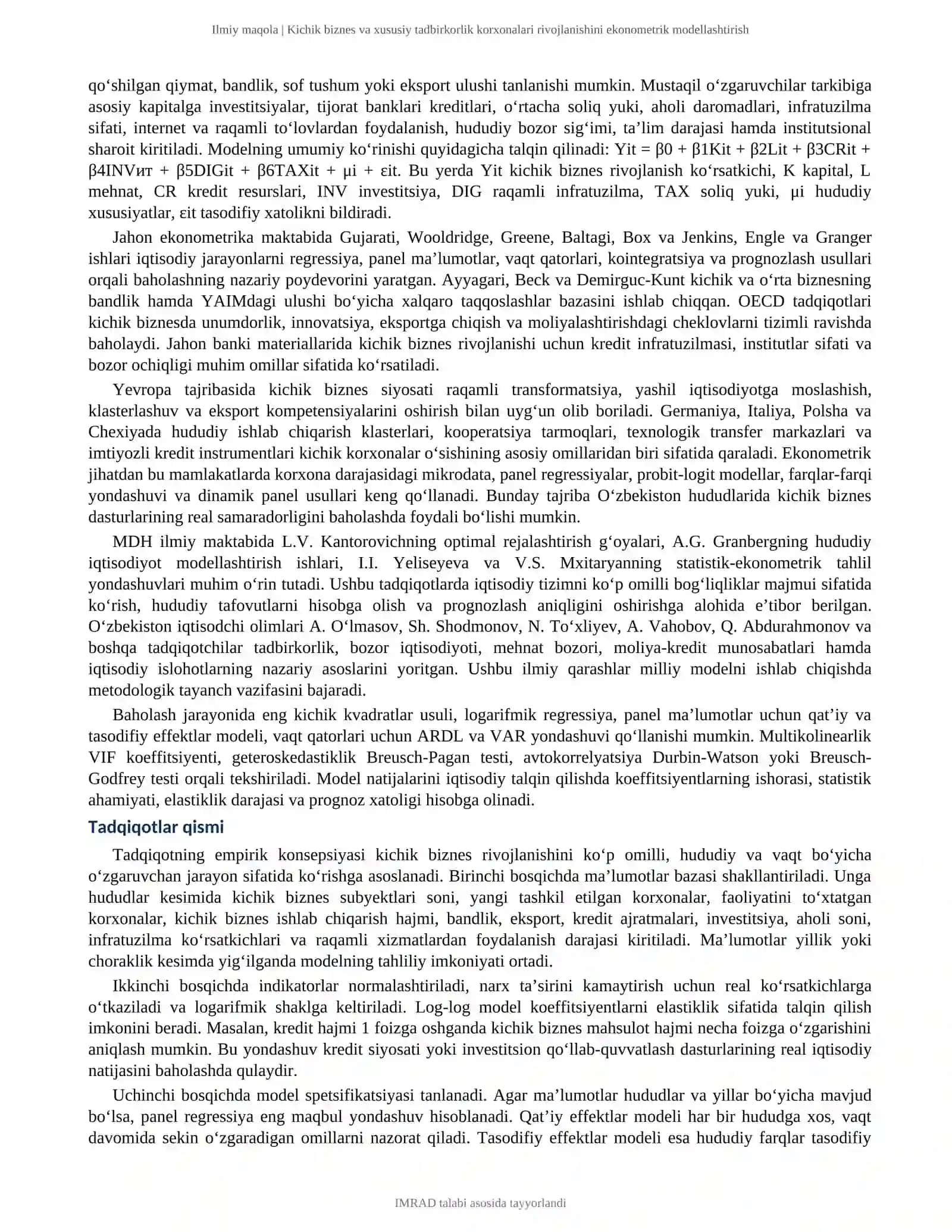 KICHIK BIZNES VA XUSUSIY TADBIRKORLIK KORXONALARI RIVOJLANISHINI EKONOMETRIK MODELLASHTIRISH 3