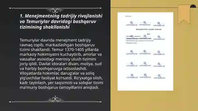 Temuriylar davlatining tuzilishi, boshqaruvining tamoyillari va usullari 3