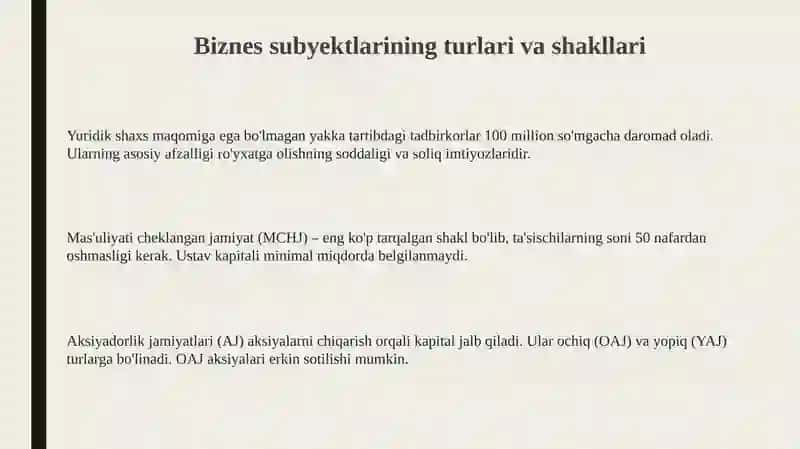 Kichik biznes va tadbirkorlik subyektlari turlari va shakllari 3