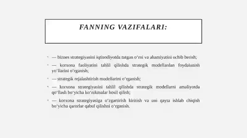 Biznes strategiyasi fanining predmeti va mazmuni, tadqiqot usullari. 3