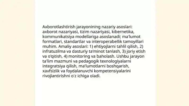 Axborotlashtirish jarayoni. Ta'limni axborotlashtirish. Jamiyat va ta'limning axborotlashtirish ning huquqiy va memoriy asoslari 3