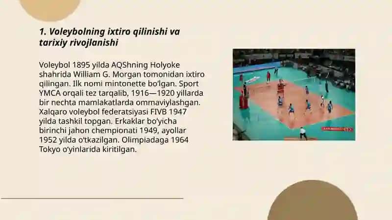 Voleybol oʻyinining kelib chiqishi,qoidalari,maydon oʻlchamlari. 3