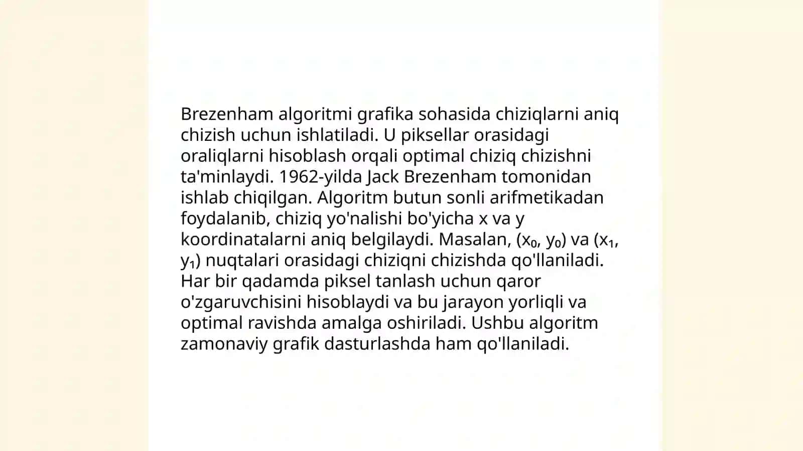 Egri chiziqlar va sirtlar uchun Brezenxli algoritmi 3