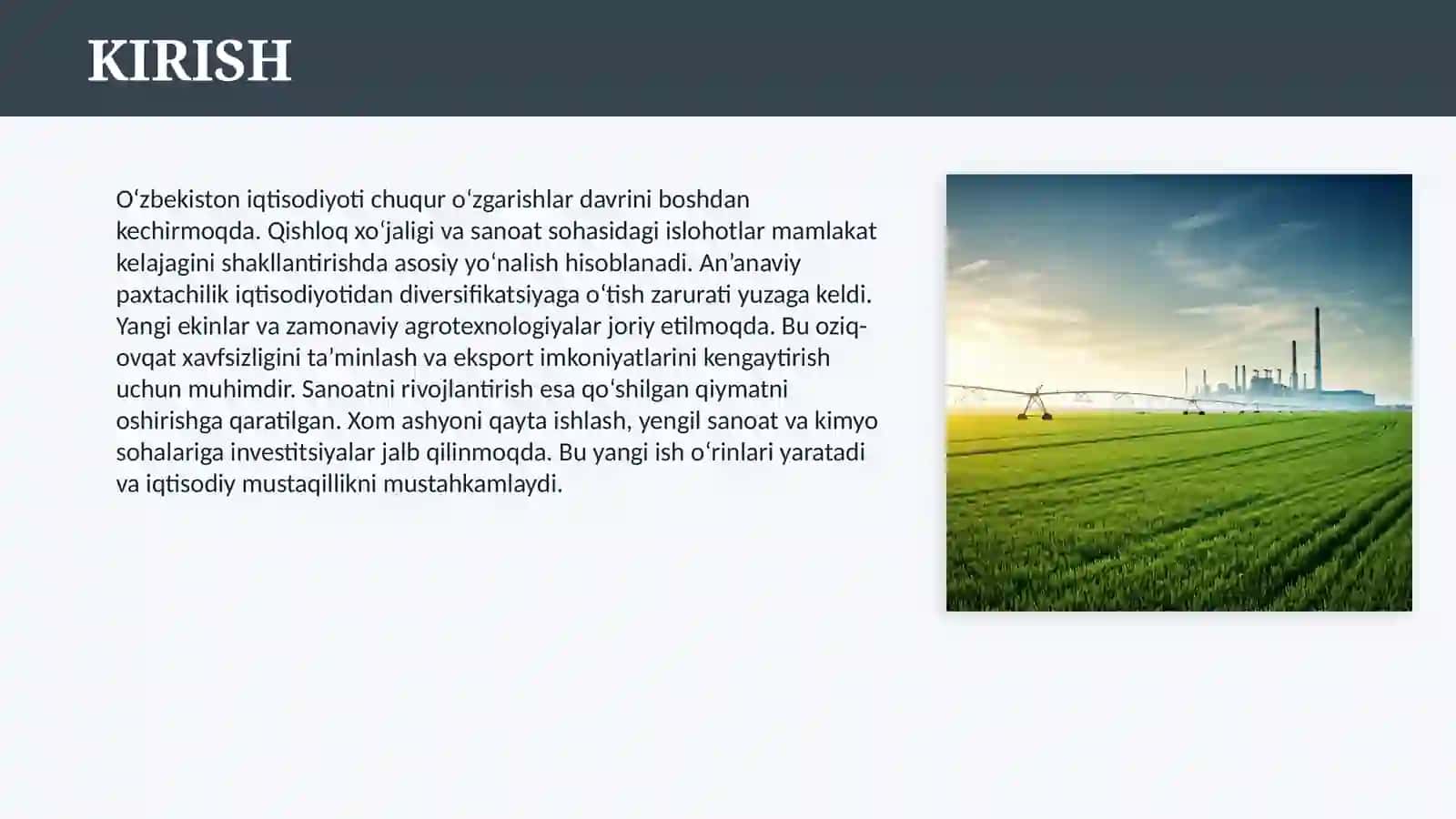 O'ZBEKISTONDA QISHLOQ XO'JALIGI VA SANOAT SOHASIDAGI O'ZGARISHLAR 3