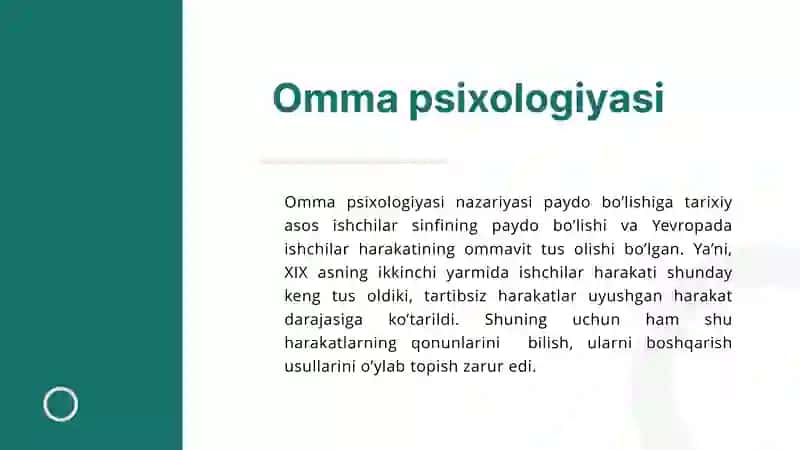 Ijtimoiy-psixologiyafanining uch nazariy ma'lumotlari: Ommaviy psixologiya sinaziya si va undagi G. Tard, S. Sigeli, G. Lebon yondashuvlari 3