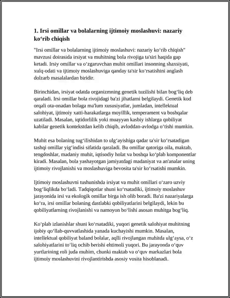 IRSIYAT VA MUXIT BOLA RIVOJI REFERAT BOLALARNI IJTIMOIY MOSLASHUVI FANIDAN 15VAROQ 3