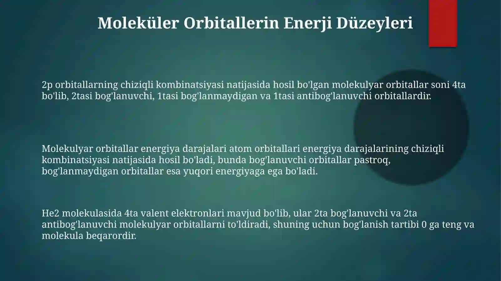 Molekulyar orbital tuzilishlar elektron energiyasi nazariy yozish usuli 3