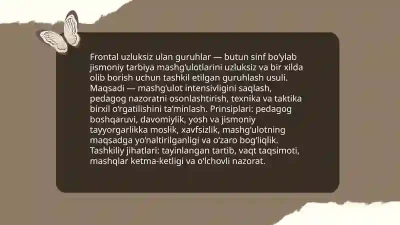 Farangiz: Jismoniy tarbiya darslarini tashkil qilishda frontal uzluksiz ulan guruhlarga ajratish usullari 3