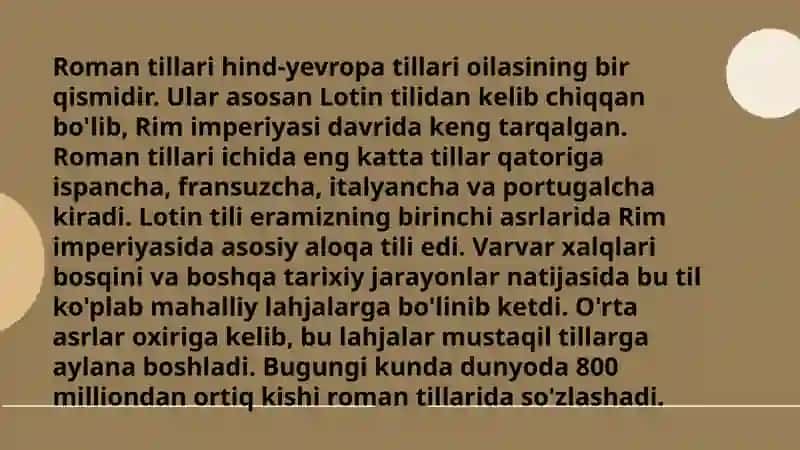 Til oilalari. Hind-yevropa tillari oilasi. Roman tillari 3