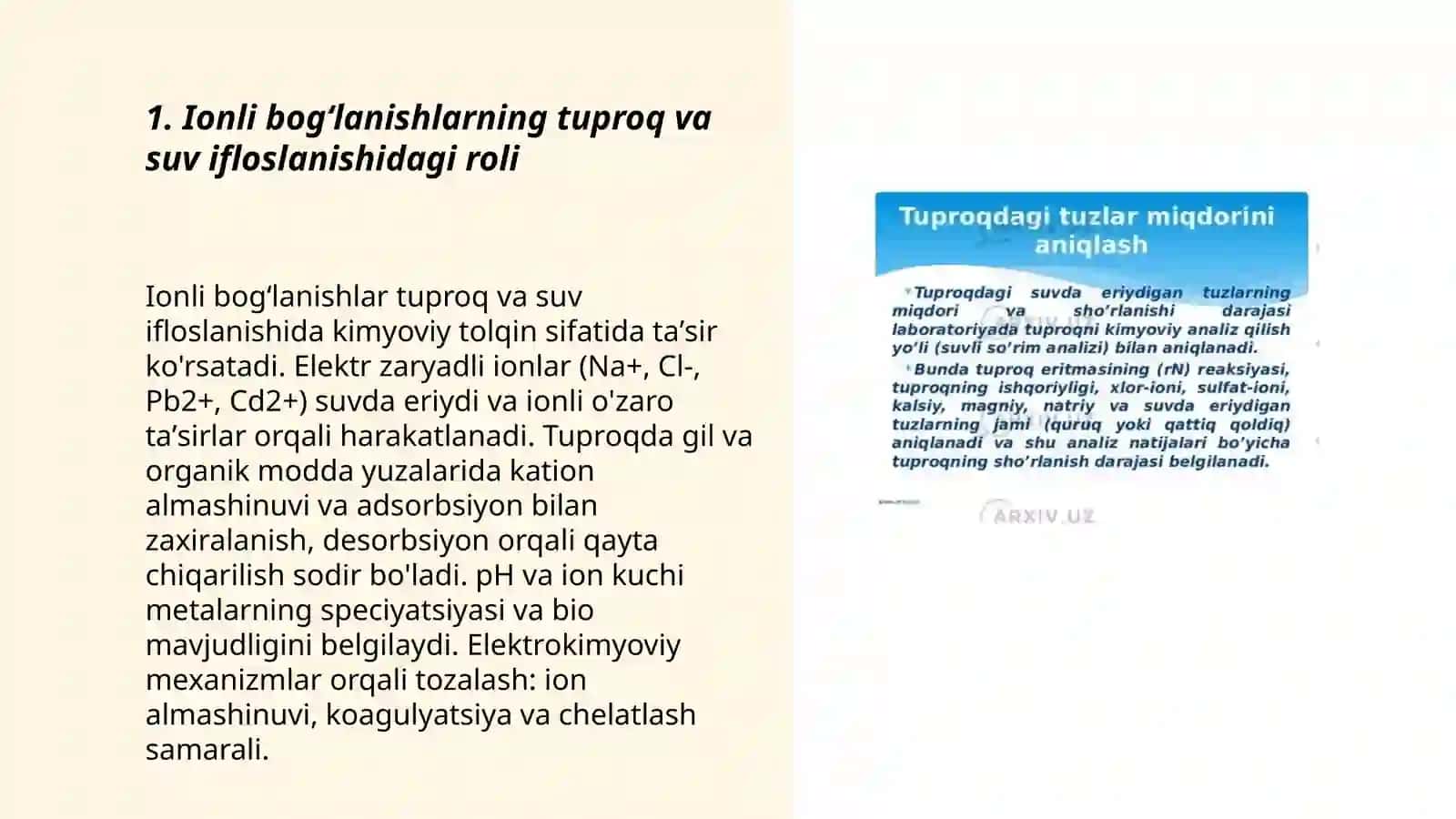 Tuproq va suvning ifloslanishida ionli bogʻlanishlar 3