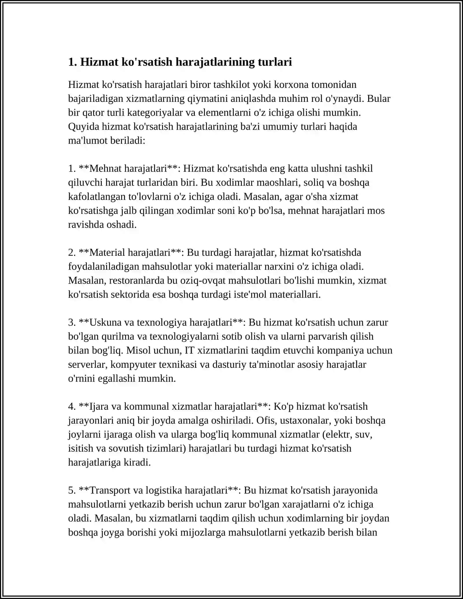 Hizmat ko'rsatish harajatlari turlari 3