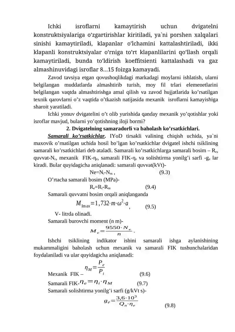 DVIGATEL VA UNING ISHCHI TSIKLINI KO’RSATKICHLARI HAMDA UNING ASOSIY O’LCHAMLARI 3