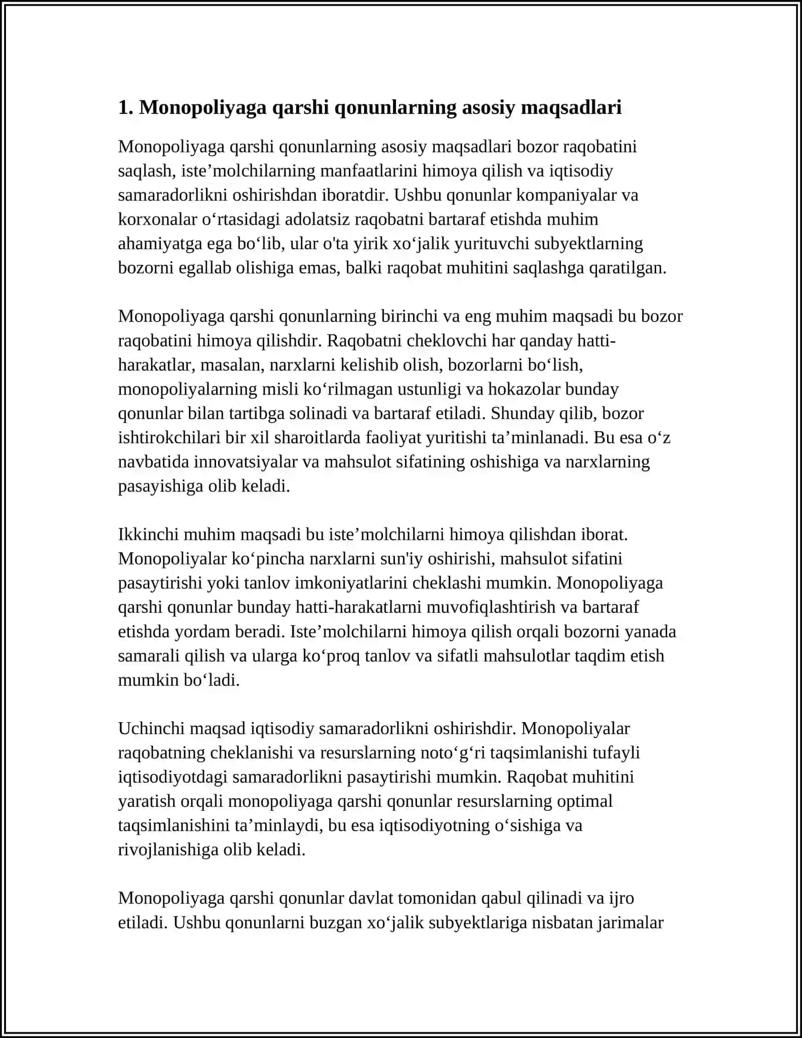 MONOPOLIYAGA QARSHI QONUNLARNING MAQSADI VA AHAMIYATI 3