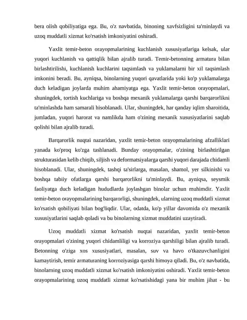 Yaxlit temir -beton orayopmalar qanday binolarida qo'llaniladi 3