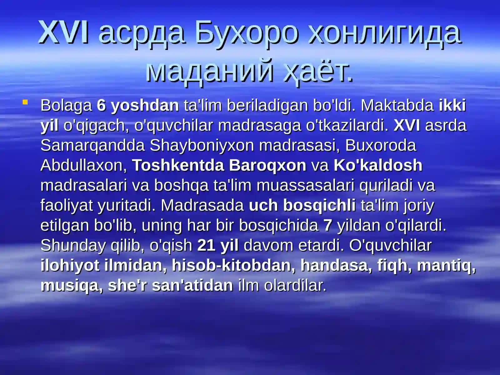 ХVI-XIX АСРЛАРДА БУХОРОДА МАДАНИЙ ХАЁТ 3