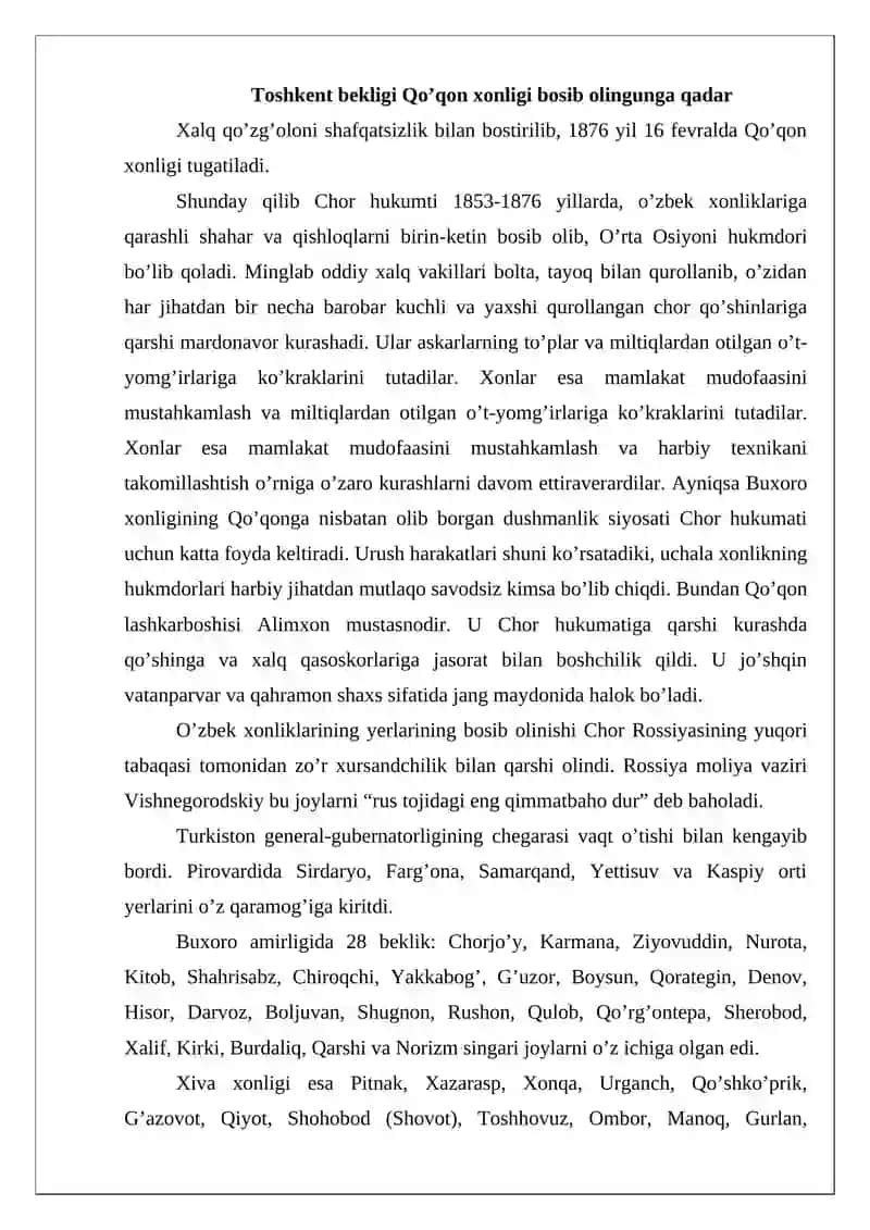 Toshkent bekligi Qo’qon xonligi bosib olingunga qadar 3