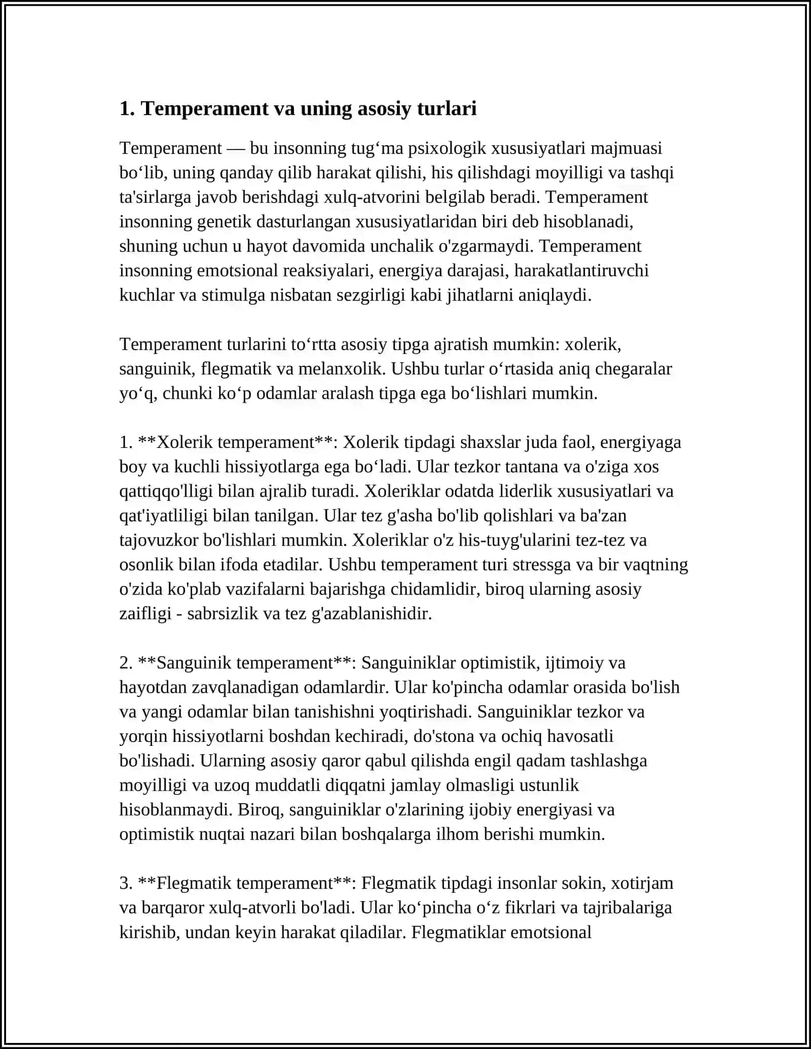 TEMPERAMENT VA UNING NAZARIYALARI. SHAXSNI O'RGANISH METODLARI. YEMOSIONAL HOLATLAR 3