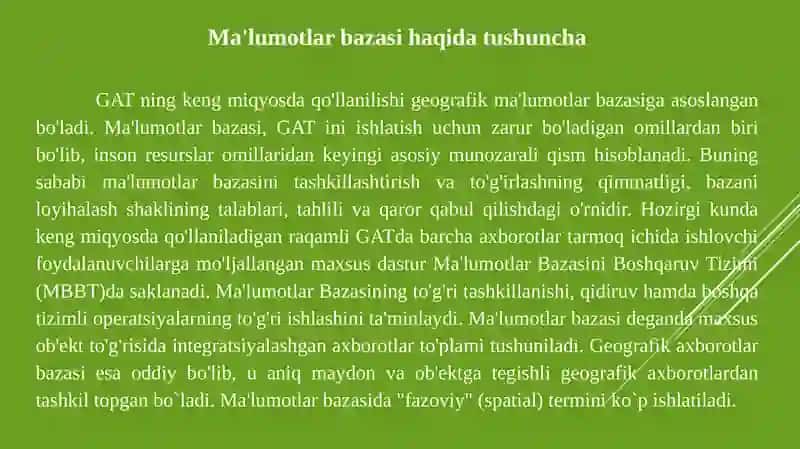 GIS DA MA'LUMOTLAR BAZASIBOShQARUVTIZIMI (MBBT) 3