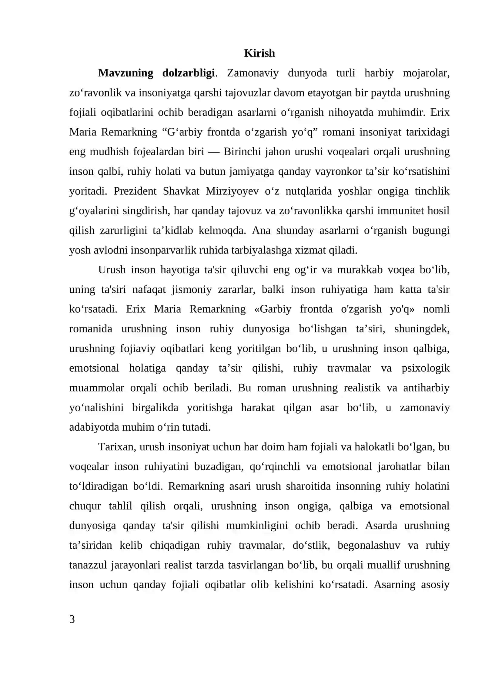 ERIX MARIA REMARKNING "G‘ARBIY FRONTDA O‘ZGARISH YO‘Q"ANTIHARBIY VA REALISTIK ROMANIDA URUSHNING INSON RUHIY DUNYOSIGA KO‘RSATGAN TA’SIRI VA URUSHNING FOJIAVIY OQIBATLARI 3