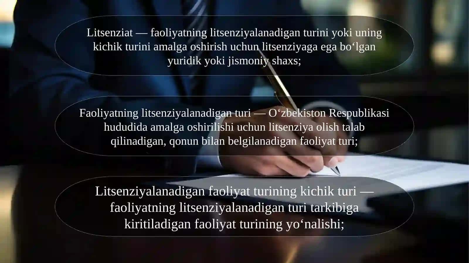 Litsenziyaning va ruxsat etish xususiyatiga ega hujjatning amal qilishini to‘xtatib turish, bekor qilish va tugatishning o‘zaro o‘xshash hamda farqli jihatlarini amaliy misollar bilan qonunchilik hujjatlari asosida izohlash! 3