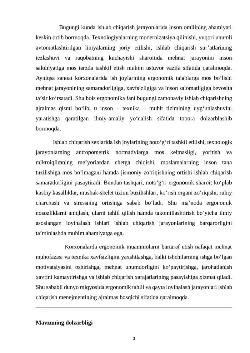 Ishlab chiqarishsexlarida ish joylarining ergonomik nosozliklarni tahlil qilish va takomillashtirish loyihasi 3