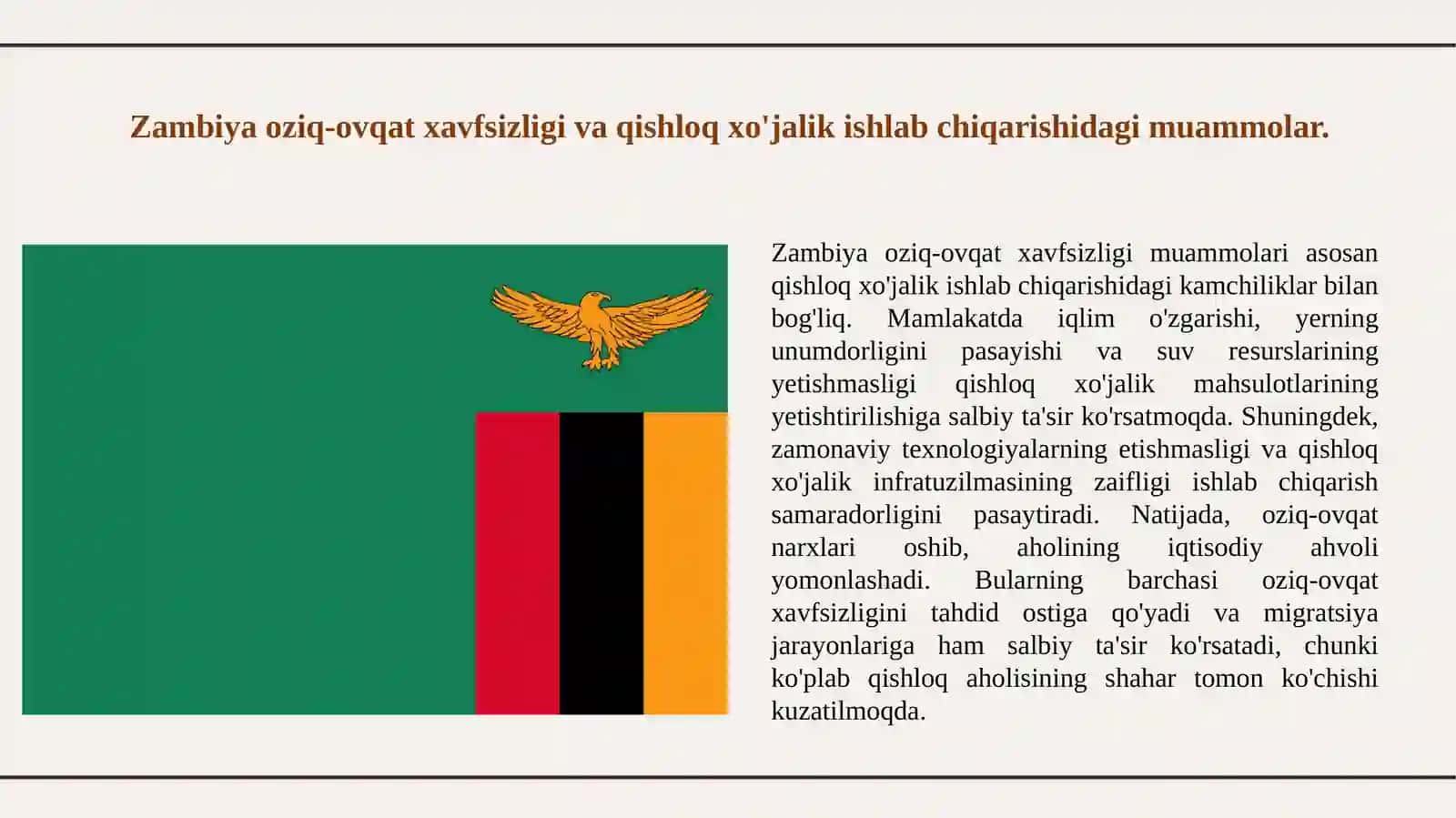 Zambiya davlatining oziq-ovqat muammosi, ishchi kuchi migratsiyasi va migratsiya  jarayonlaridagi muammolar tahlili.12 3
